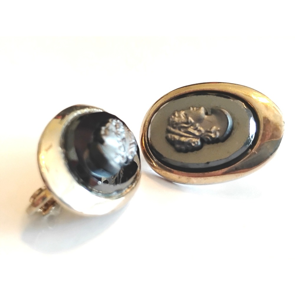 ★VINTAGE SILVER HEMATITE WARRIOR CLIP ON EARRINGS Whimsygoth Grunge - Picture 2 of 9